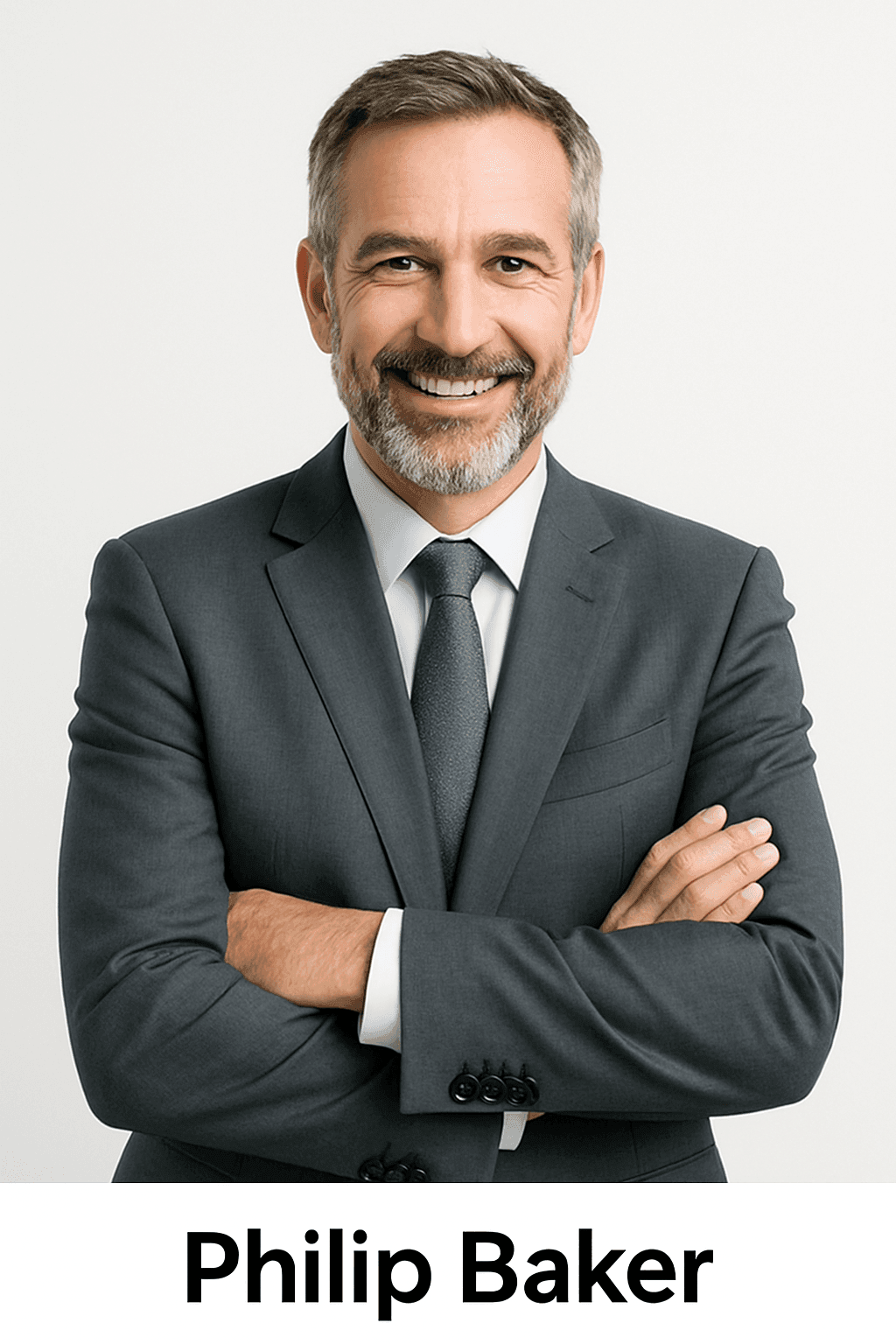 Smiling man in a gray suit with arms crossed, standing against a plain background.